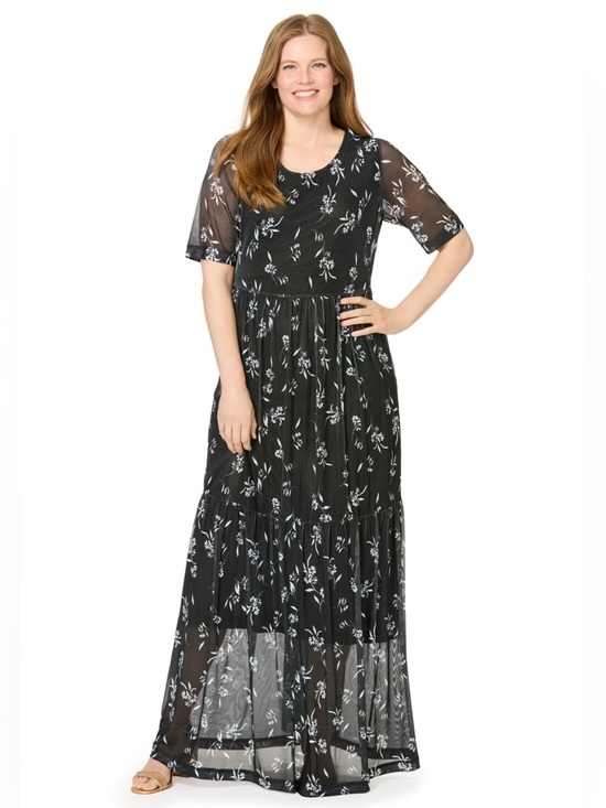 Woman Within Dresses & Skirts - Black Floral Maxi Dress 22/24 1X Mesh Short Sleeve Scoop Neck NWT Woman Within